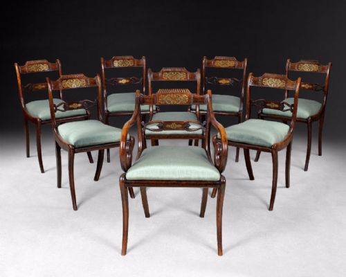 Set of 8 Regency Simulated Rosewood and Brass Inlaid Dining Chairs