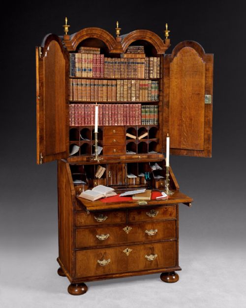 fig 1. William and Mary period figured walnut Double Dome top Bureau Bookcase