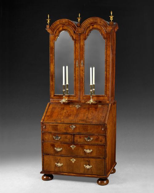 William and Mary Period Figured Walnut Double Dome Top Bureau Bookcase