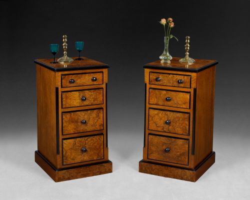 Pair of C19th French Walnut and Burr-walnut Bedside Chests-of-drawers