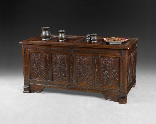17th. Century Oak Coffer, Four Panels, Carved Front Panels, Stylised Flowers, Ends with Diamond Shapes