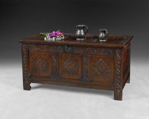 18th Century Oak Triple Panel Coffer, Hinged Lid, Candlebox, Carved Front