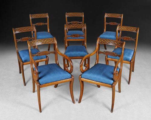 Set of Eight Regency Mahogany Dining  Chairs Comprising 6 Side Chairs and Two Carvers