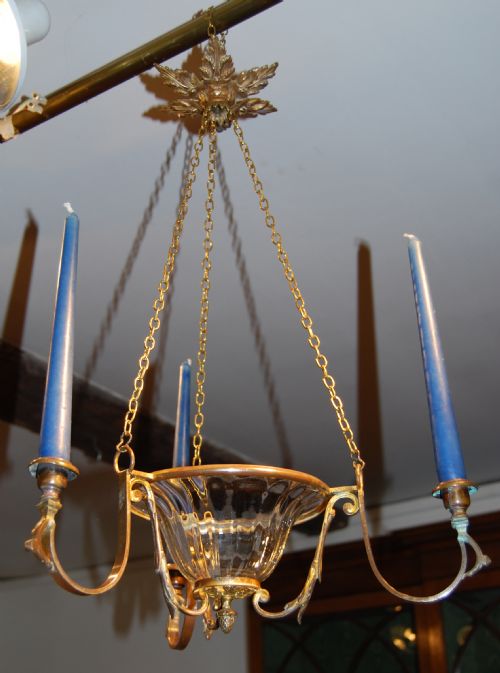 Mid 19th Century Brass and Glass 3 Light Chandelier