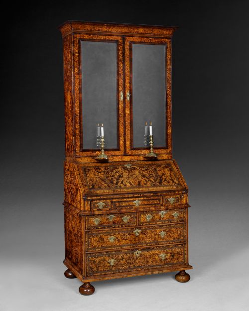 Queen Anne Period "Burr Mulberry" Bureau Bookcase Attributed to John Coxed