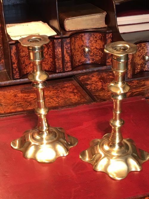 Petal Based Pair of George II Brass Candlesticks