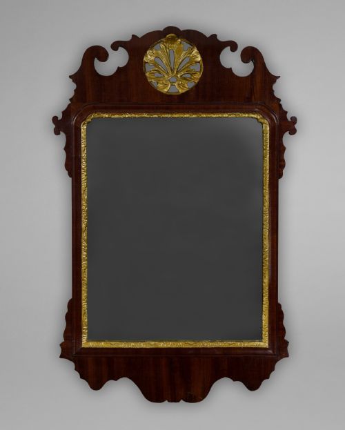 George III Period Mahogany and Parcel Gilt Fretwork Wall Mirror