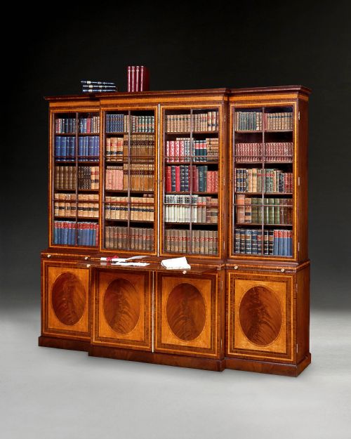 Geo III Mahogany, Satinwood, Tulipwood & Kingwood Breakfront Bookcase