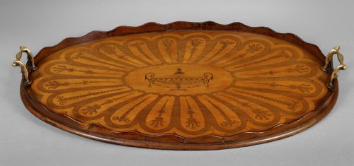 Late 19th. Century Oval Inlaid Mahogany Tray with Two Handles