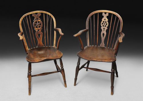 Near Pair 18th Century Elm and Yew Low Wheel Back Windsor Armchairs