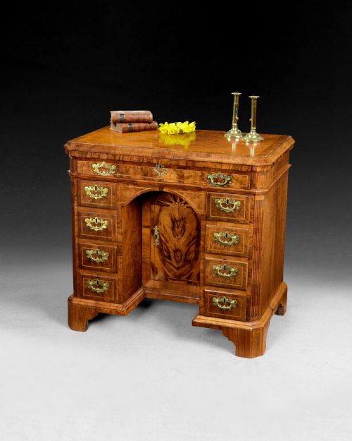 Queen Anne Period Walnut Crossbanded and Feather Banded Kneehole Desk