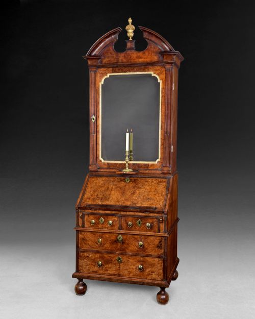 Queen Anne Burr Walnut Crossbanded Bureau Bookcase