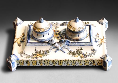 A French Faience Ware Desk Piece  with Inkwells from the Gien Factory, Renaissance Dragon Pattern