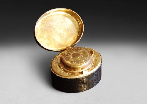 Large Black Leather Cased Travelling Inkwell, Ornate Brass Interior