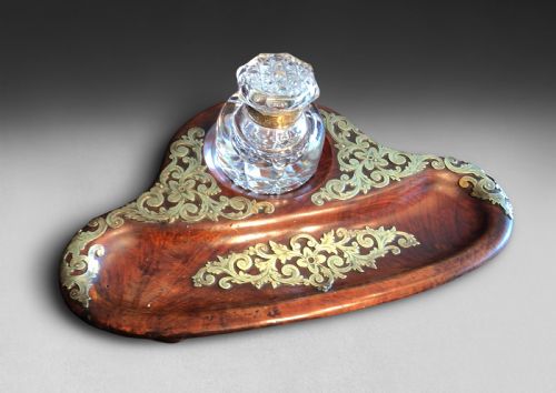 Victorian Walnut Desk Piece with Large Glass Inkwell