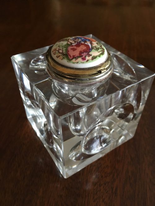 Large Enamel Topped Glass Inkwell with Concave Sides and Base