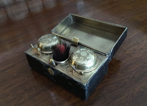 Rectangular Black Leather Clad Travelling Inkwell with Double Wells