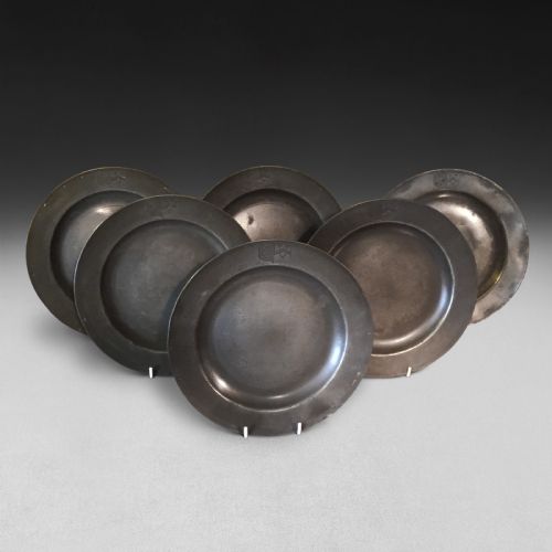 Set of Six 18th Century Pewter Plates with an Armorial Stamp, Stamped Robert Bush