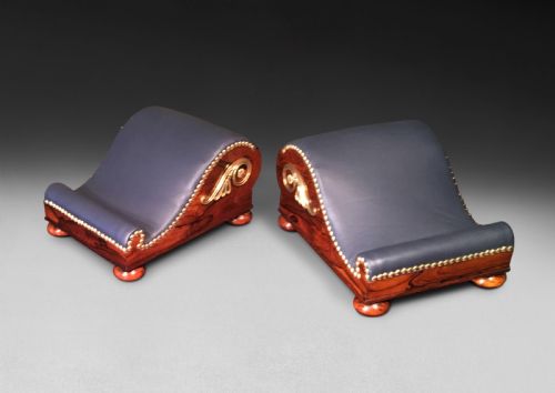 fig 1. Pair of Regency Rosewood and Brass Gout Stools of scrolling form with leather upholstered foot rests