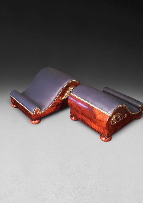 fig 2. Pair of Regency Rosewood and Brass Gout Stools of scrolling form with leather upholstered foot rests