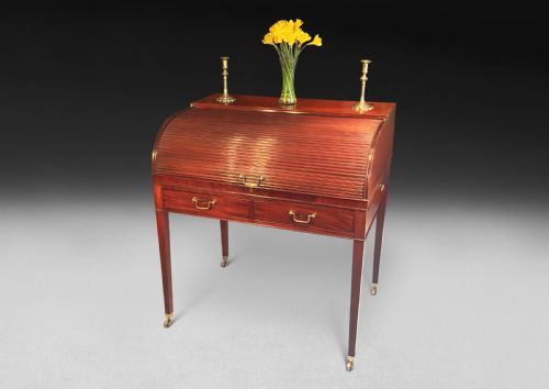 George III Period Mahogany Tambour Writing Table or Cylinder Bureau