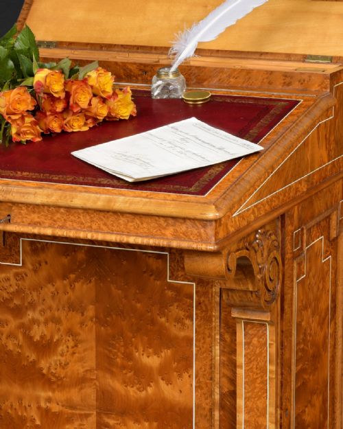 fig 1. Mid 19th. Century Inlaid Amboyna Davenport desk stamped J & T Scott, 10 George Street, Edinburgh