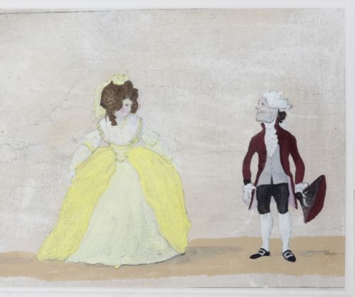fig 1. A long horizontal framed Georgian engraving depicting a satirical procession of figures dancing the minuet in colourful 18th-century attire.