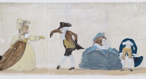 fig 2. A long horizontal framed Georgian engraving depicting a satirical procession of figures dancing the minuet in colourful 18th-century attire.