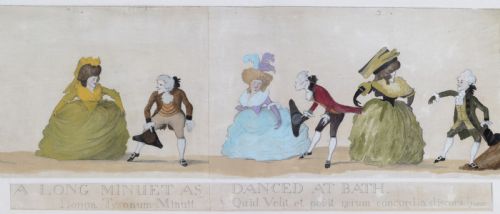 fig 3. A long horizontal framed Georgian engraving depicting a satirical procession of figures dancing the minuet in colourful 18th-century attire.