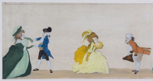 fig 4. A long horizontal framed Georgian engraving depicting a satirical procession of figures dancing the minuet in colourful 18th-century attire.