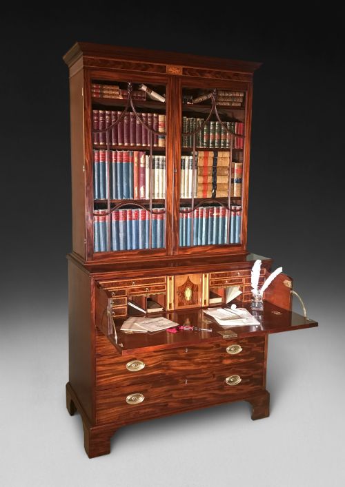 George III Period Mahogany and Inlaid Secretaire Bookcase