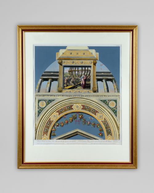 fig 1. A set of four gilt-framed 18th-century hand-coloured architectural engravings depicting classical arches and frescoes from Raphaels Vatican Loggia on blue background.