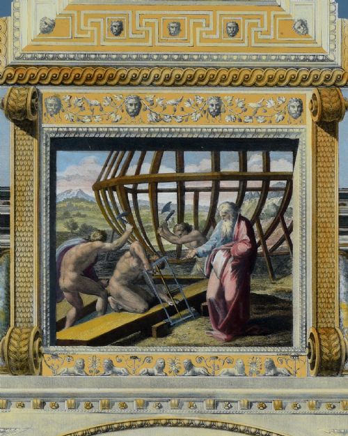 fig 2. A set of four gilt-framed 18th-century hand-coloured architectural engravings depicting classical arches and frescoes from Raphaels Vatican Loggia on blue background.