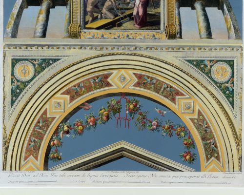 fig 3. A set of four gilt-framed 18th-century hand-coloured architectural engravings depicting classical arches and frescoes from Raphaels Vatican Loggia on blue background.