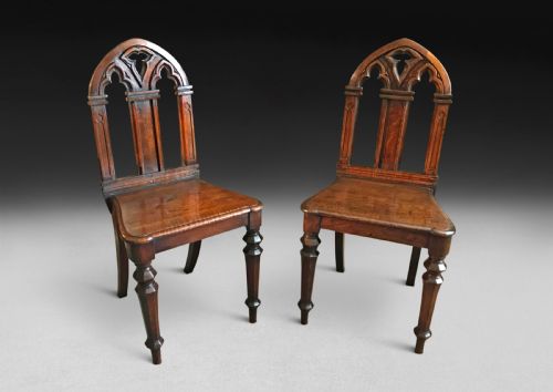 Pair of William IV Oak Gothic Hall Chairs
