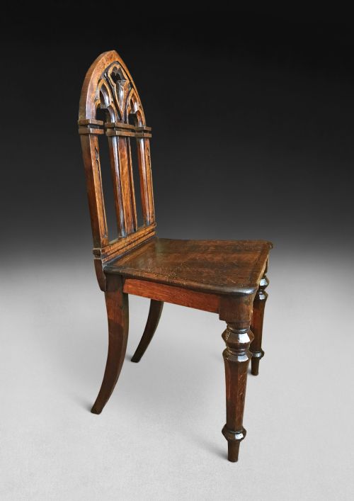 fig 1. Pair of William IV Oak Gothic Hall Chairs