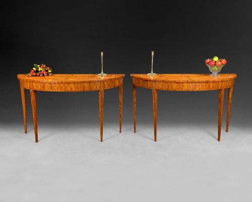 fig 1. A Pair of 19th. Century Neo-Classical Marquetry Inlaid Satinwood Demi-Lune Console Tables