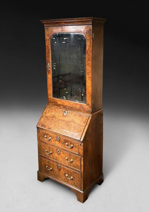 QUEEN ANNE PERIOD BURR WALNUT SMALL BUREAU BOOKCASE