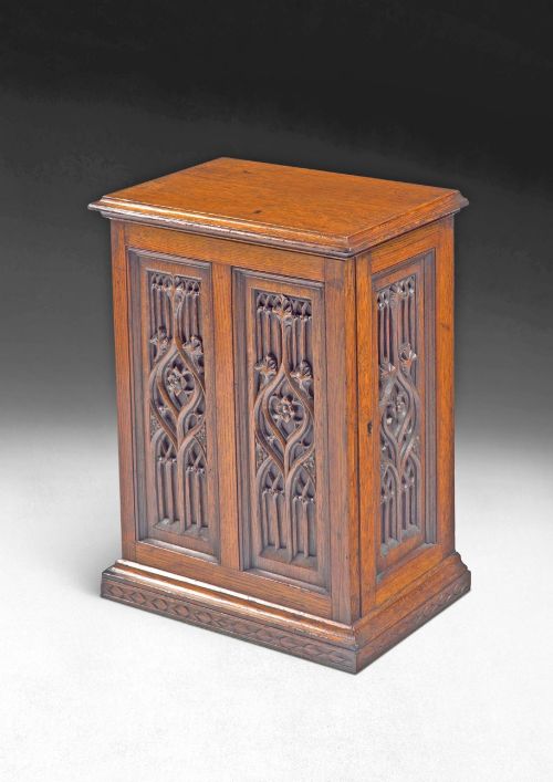 A Very Stylish Mid 19th Century Carved Oak  Gothic Revival Collector’s Cabinet