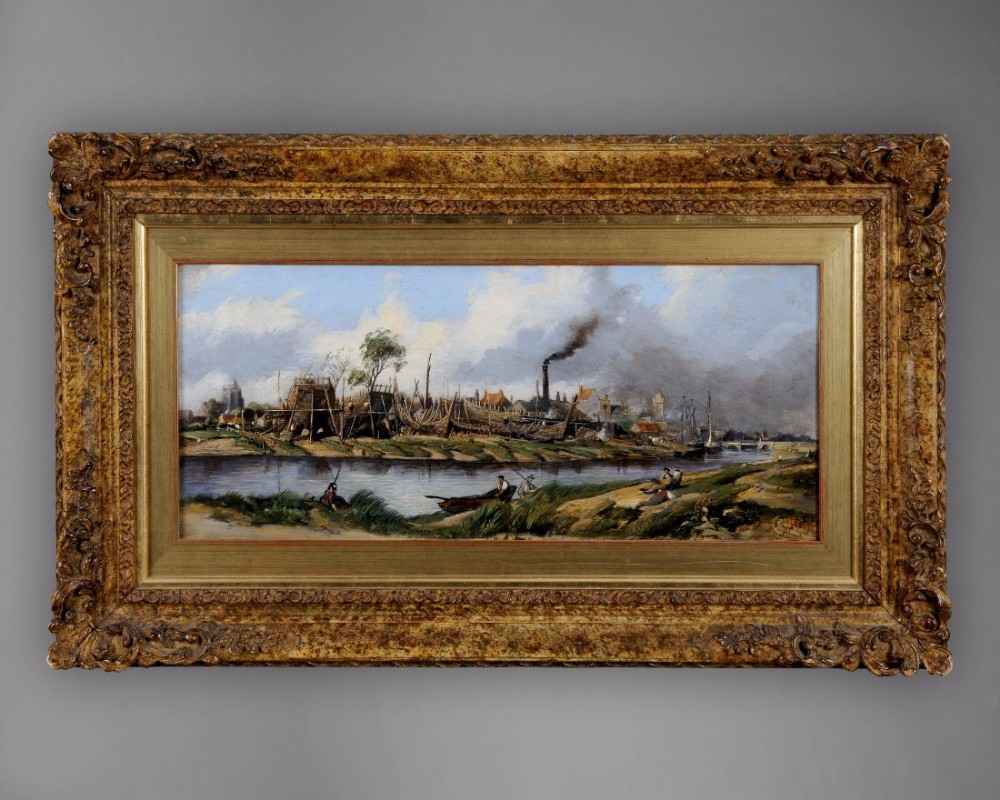 19th Century Oil Painting on Canvas, “Shipbuilding by a River” 