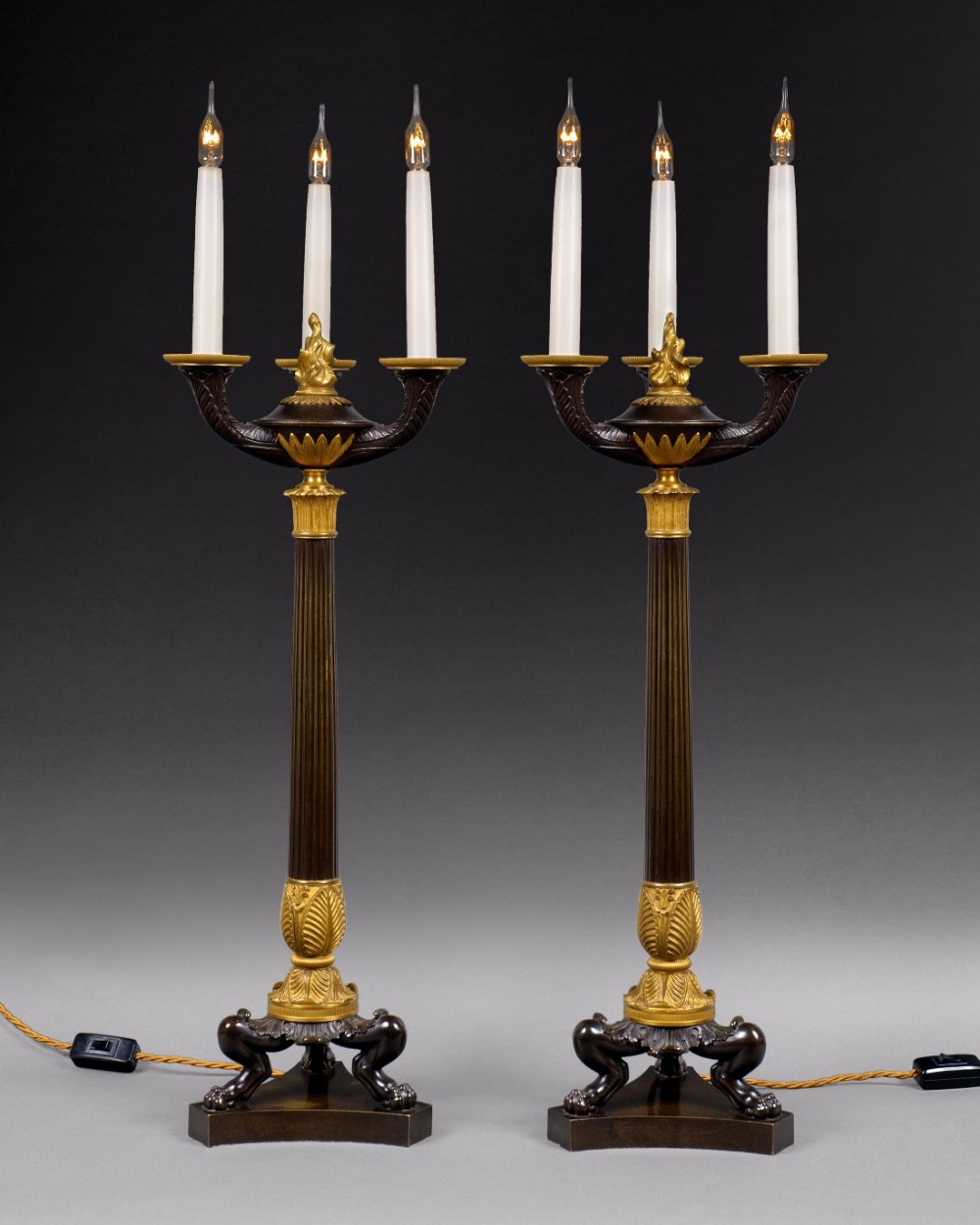 Pair of Regency Period Bronze and Ormolu Three Light Candelabra