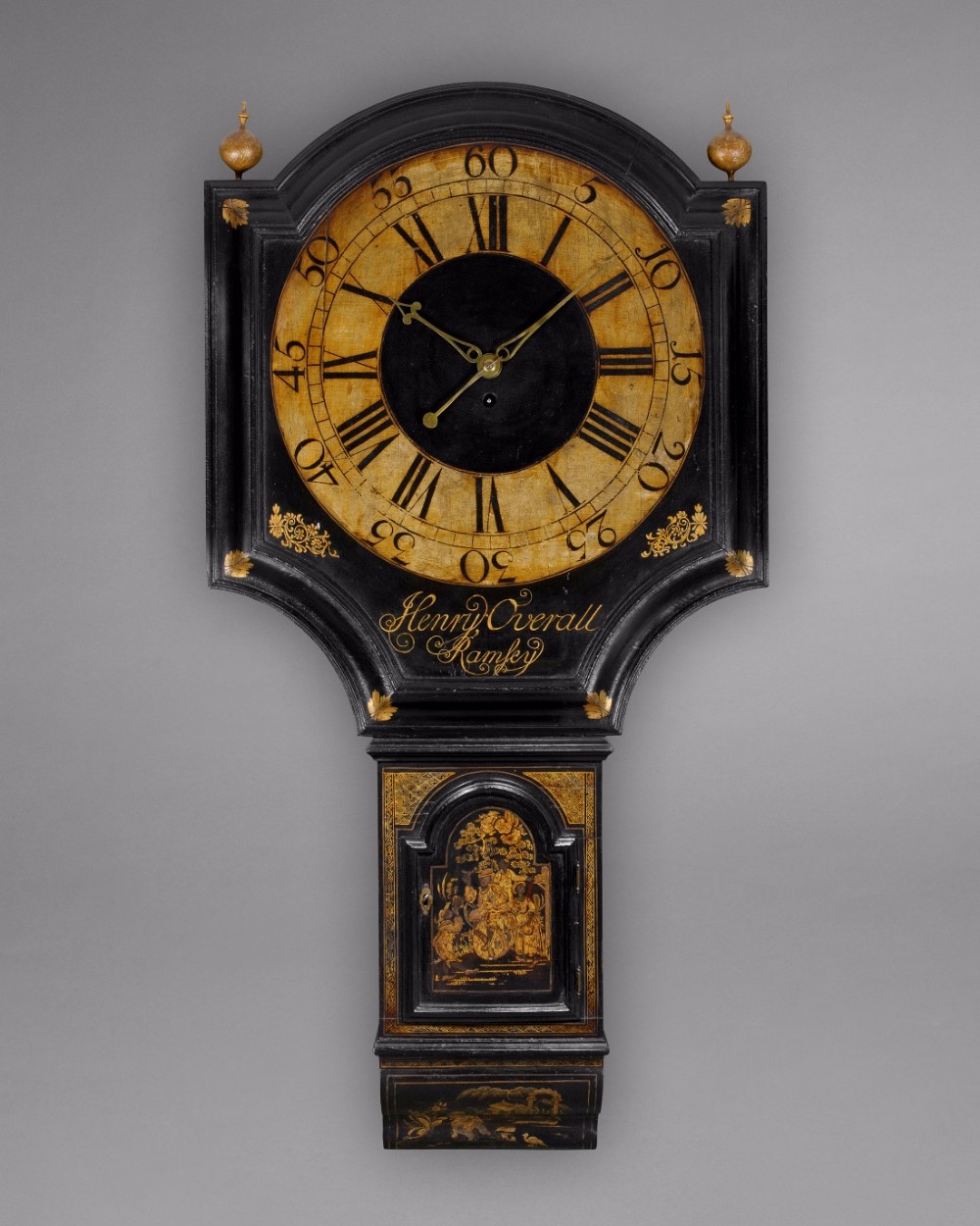 George III period Black Lacquer Tavern Clock by Henry Overall, Ramsey.