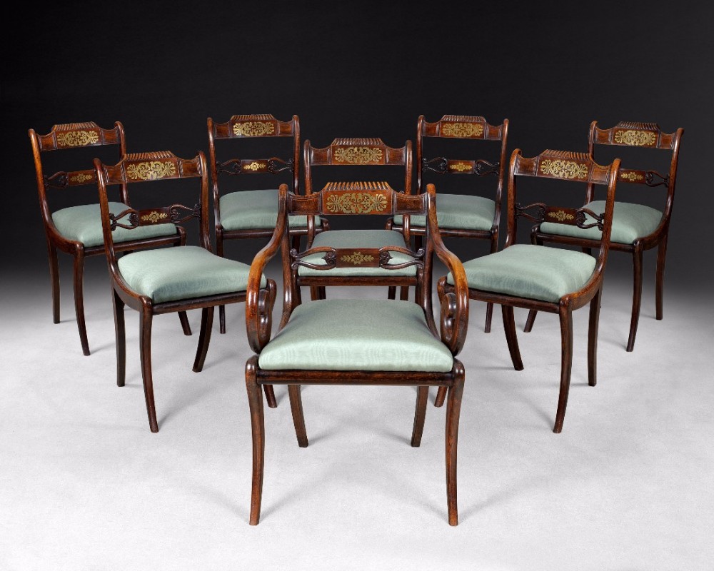 Set of 8 Regency Simulated Rosewood and Brass Inlaid Dining Chairs 