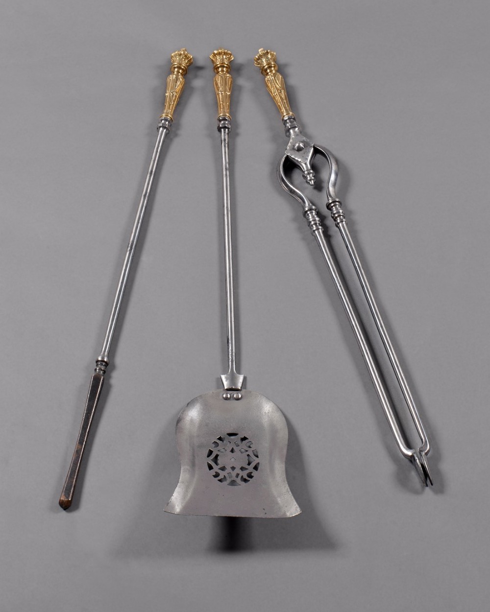 set of three mid 19th. Century Brass and Steel Fire Irons