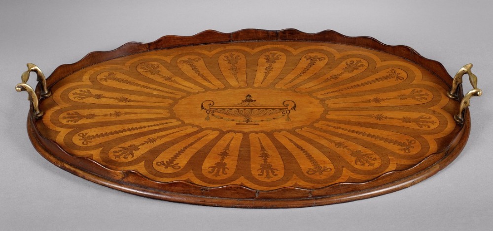 Late 19th. Century Oval Inlaid Mahogany Tray with two handles