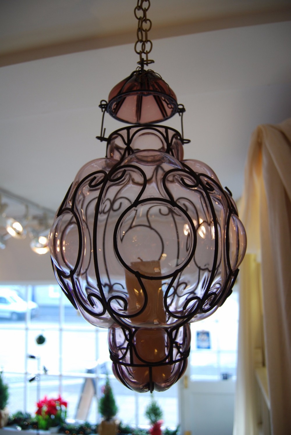 Mid 19th. Century  Cranberry Glass and Iron Hanging Hall Lantern