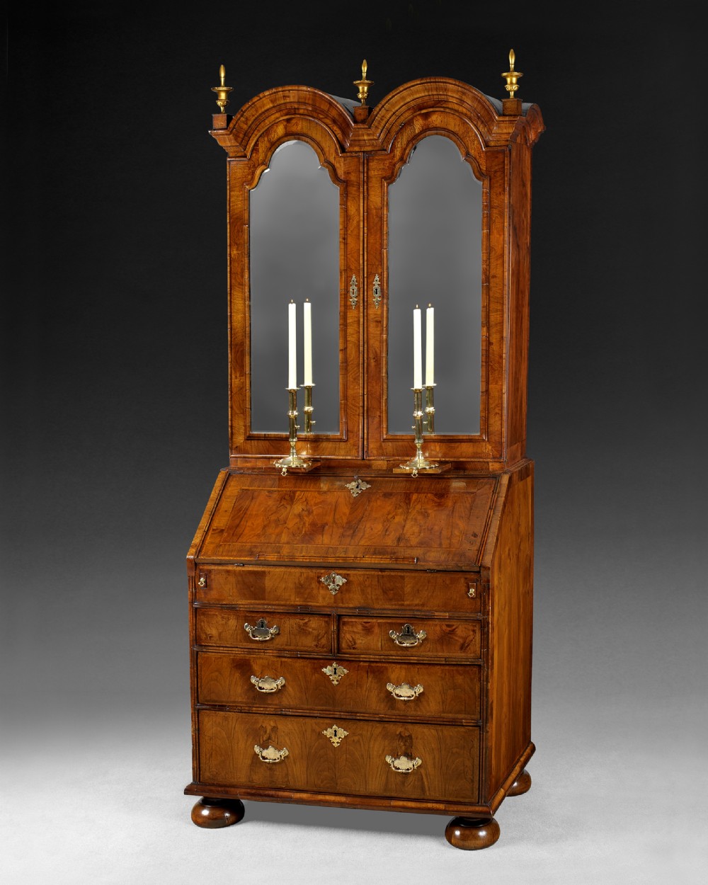 William and Mary period figured walnut Double Dome top Bureau Bookcase