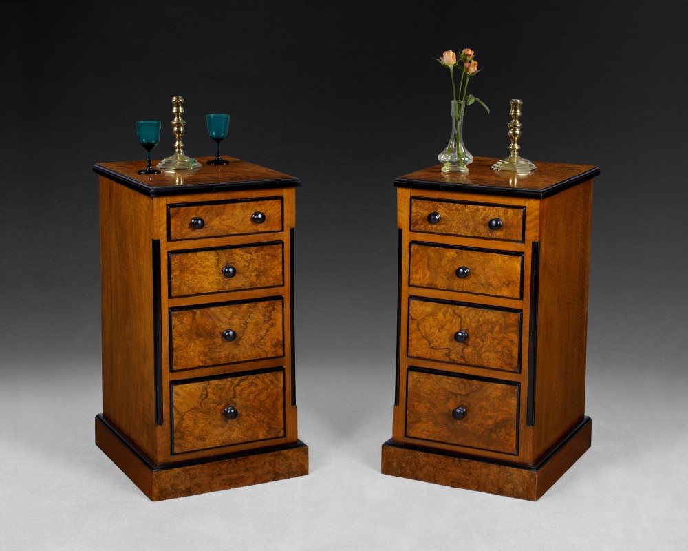 Pair of C19th French walnut and burr-walnut bedside chests-of-drawers
