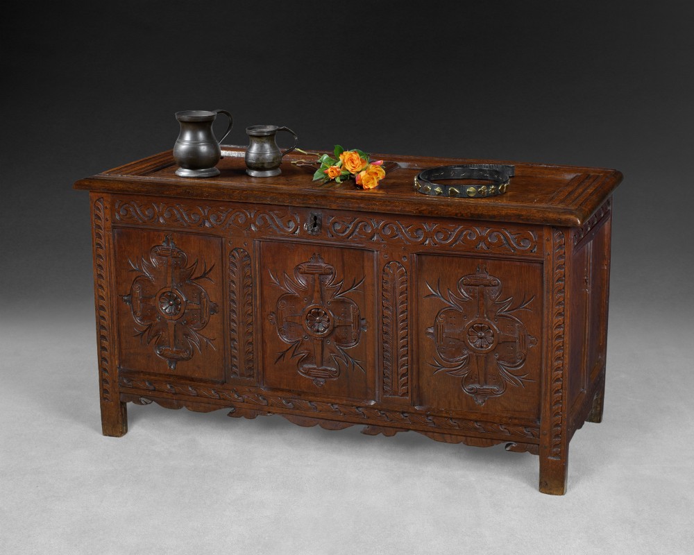 Late 17th century carved oak coffer