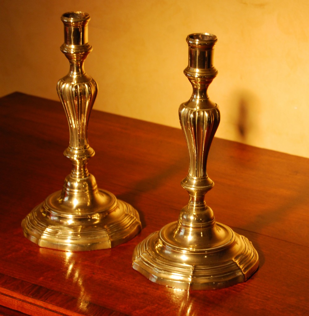 Large pair of early 18th. century continental brass candlesticks